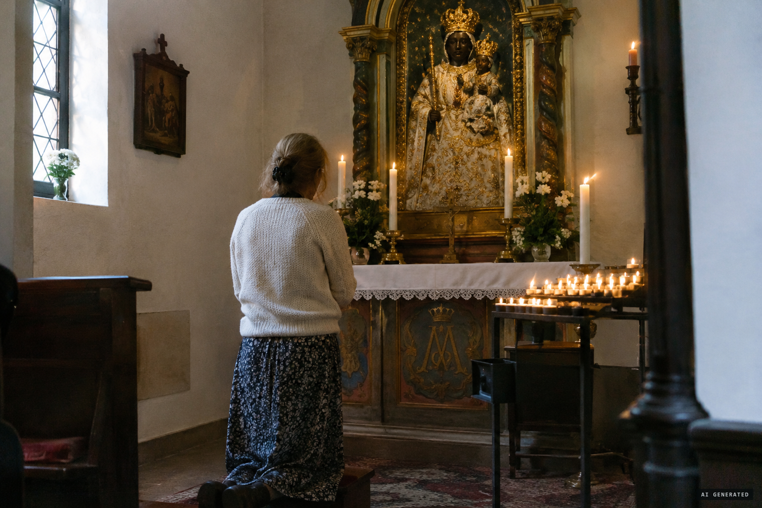 8 June 2000: Manuela prays before the Black Madonna of Einsiedeln