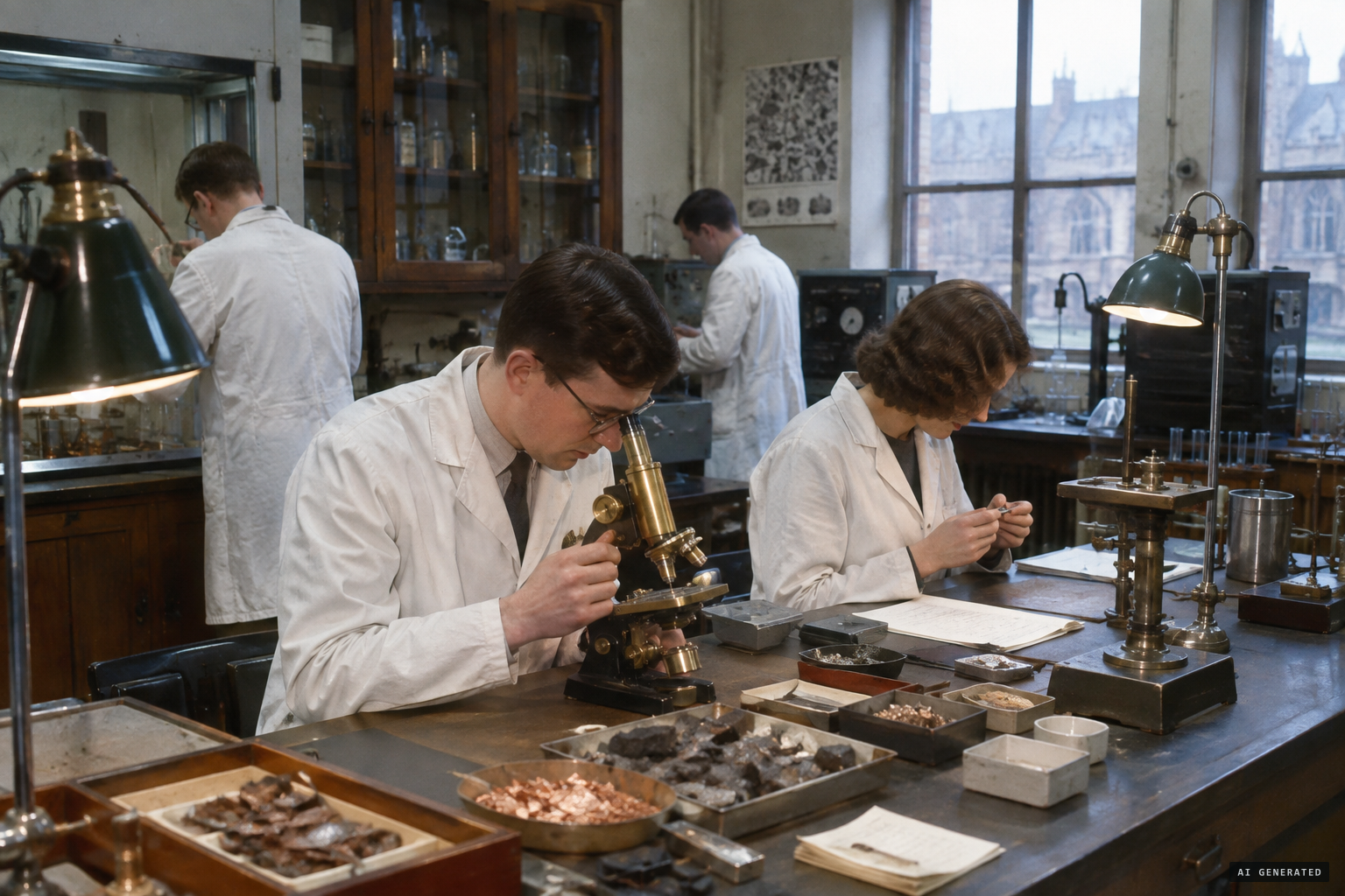 Manchester University metallurgists examine the saucer's metal