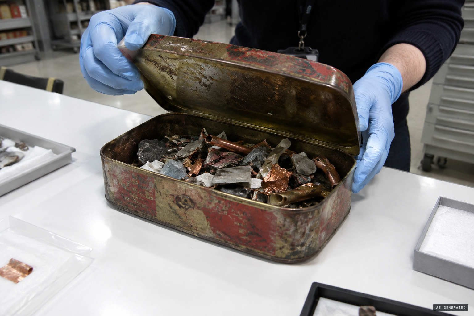 The cigarette tin of alleged UFO bits found at the Science Museum