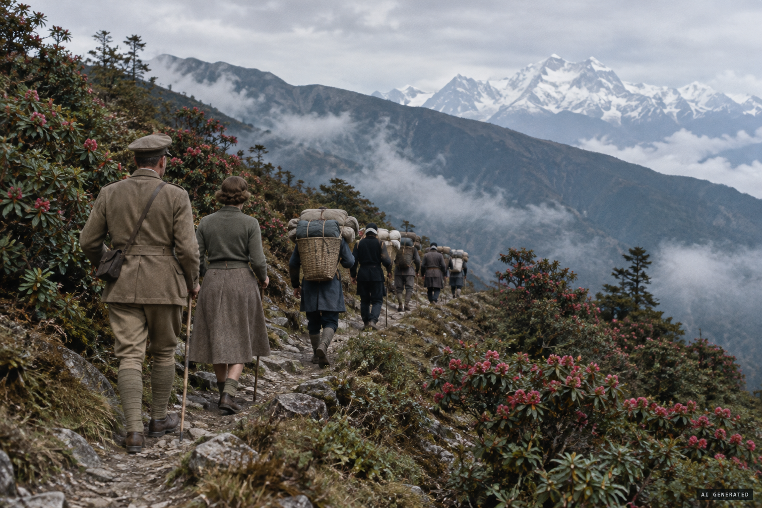 The Cookes and their porters travel beneath the Singalila Ridge, June 1944