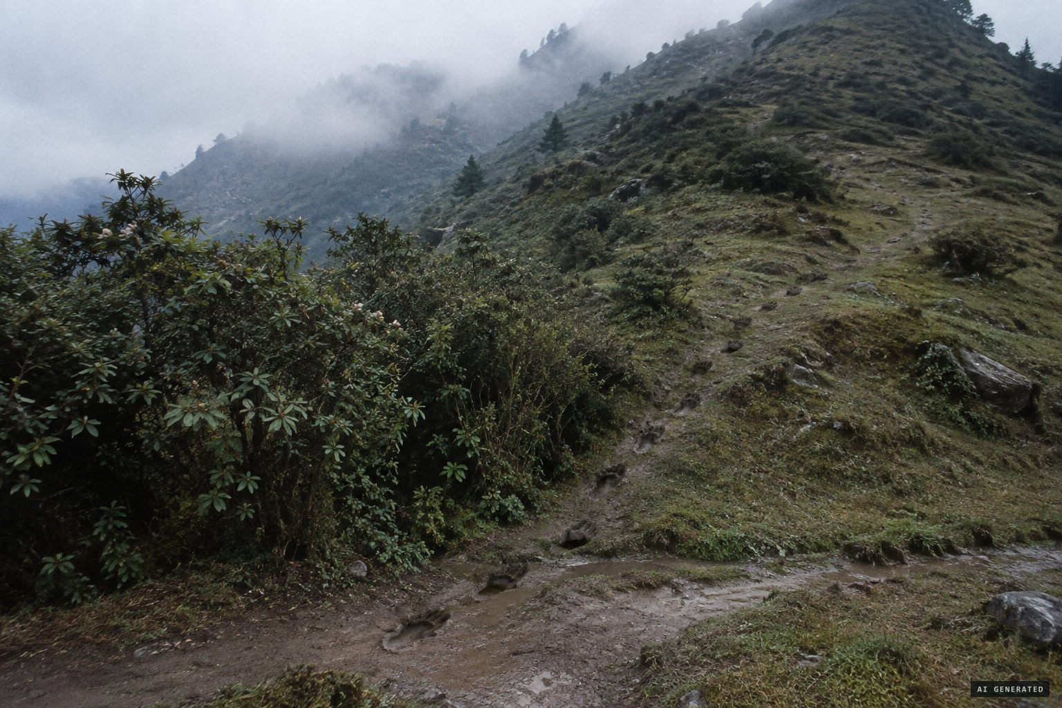 The trail comes up from Nepal, crosses the track and climbs toward the ridge