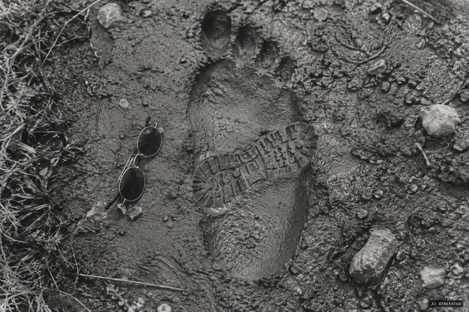 The surviving photograph: sunglasses beside the print, a boot heel across it