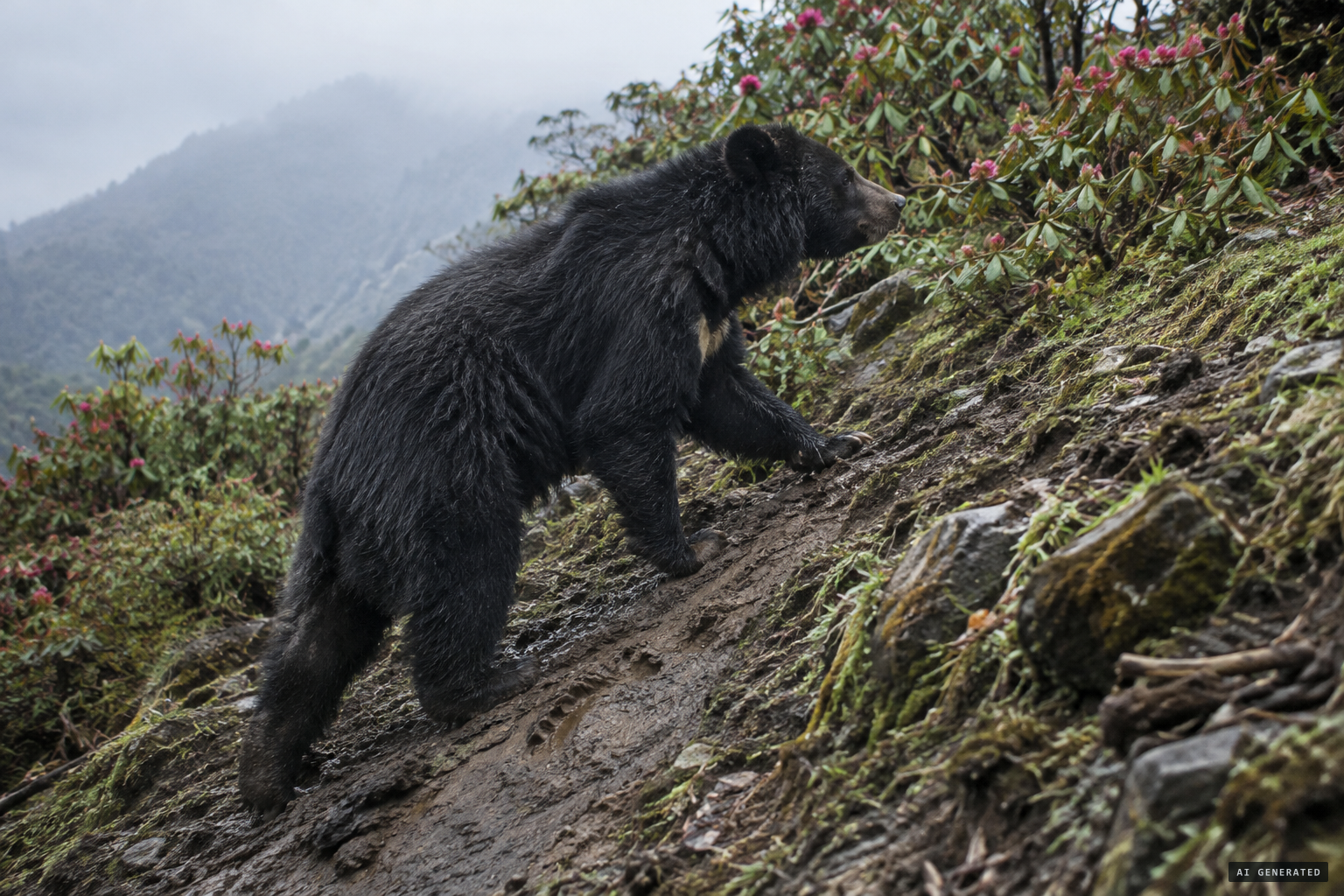 A climbing bear's hind paw lands on its front print, making one long foot