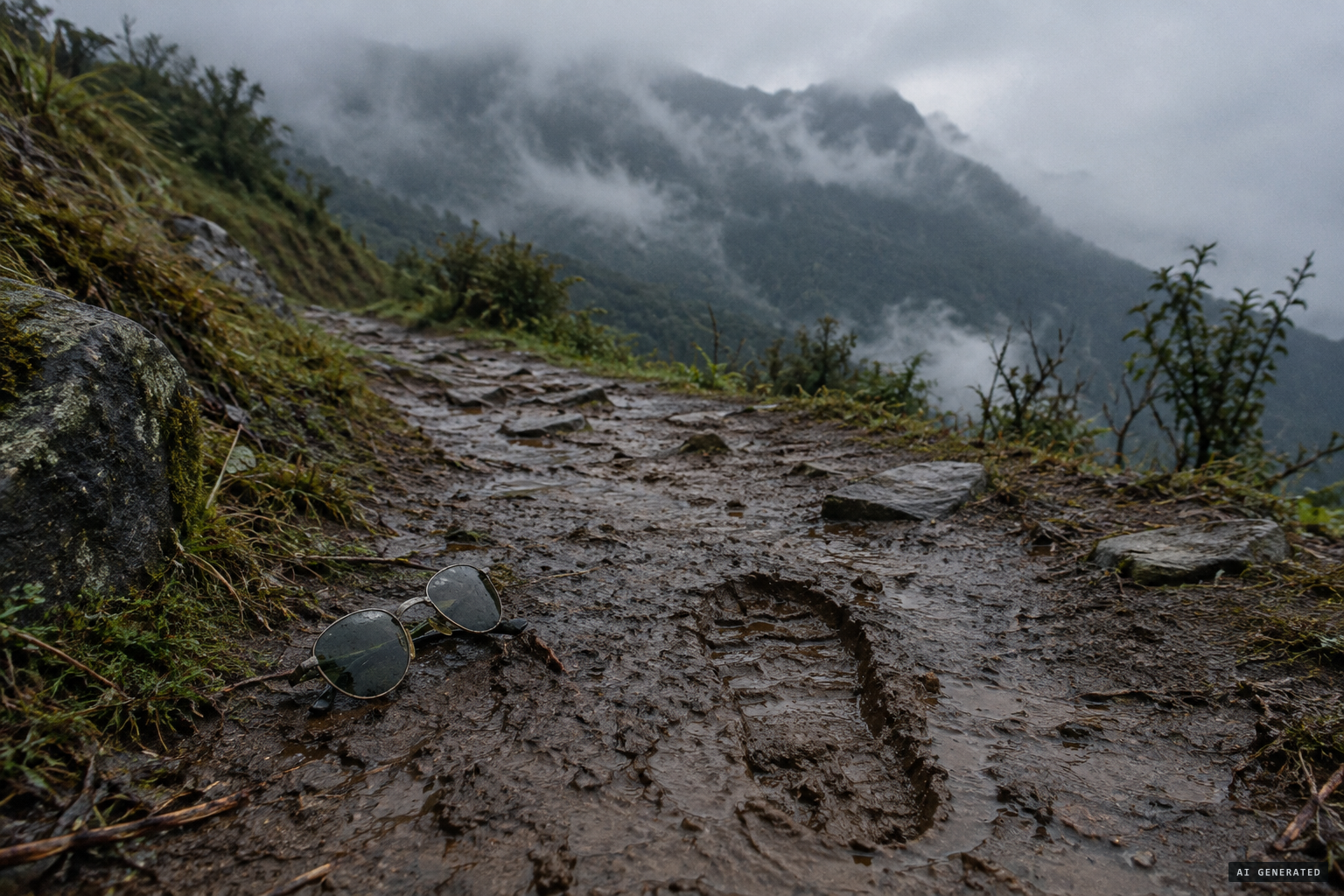 A muddy path, a pair of sunglasses, and a footprint 14 inches long