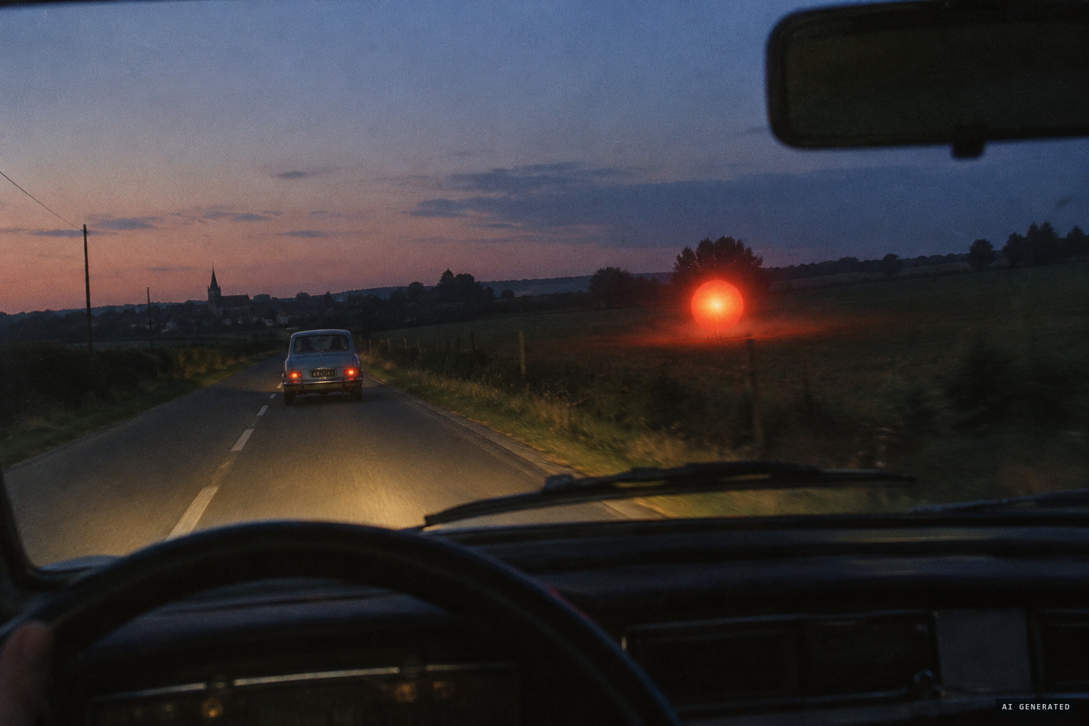 A bright red-orange ball leaves the meadow near the car ahead