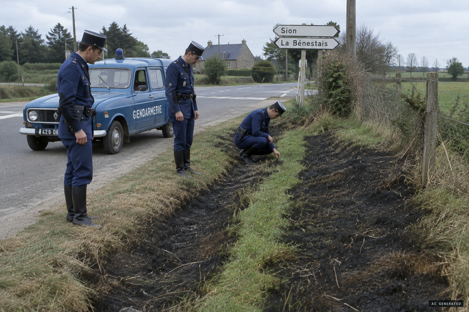 Gendarmes examine about 14 m of burned grass on the bank