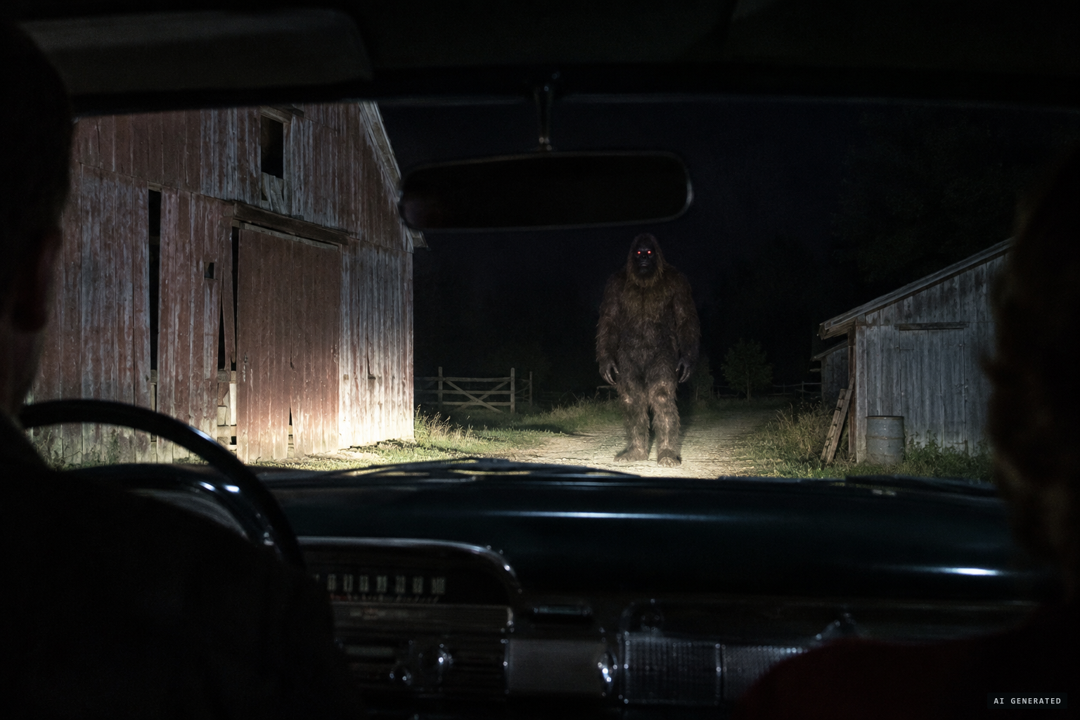 Between a barn and a shed stood a nine-foot creature with eyes that glowed red