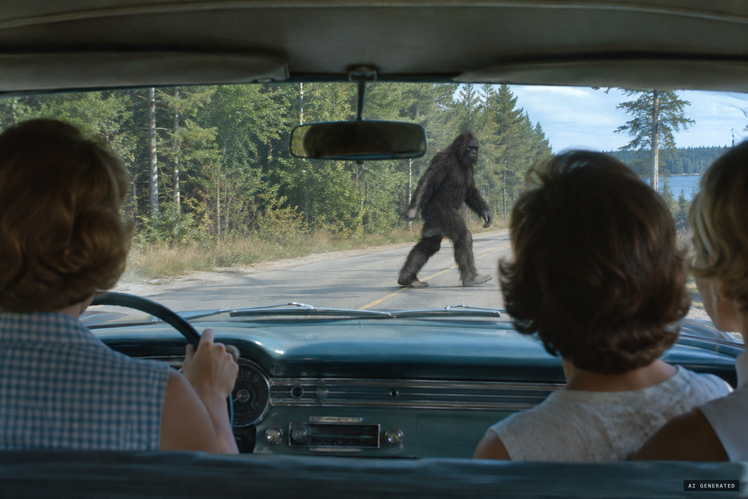 The monster crosses the road in front of Joyce Smith and the Clayton sisters