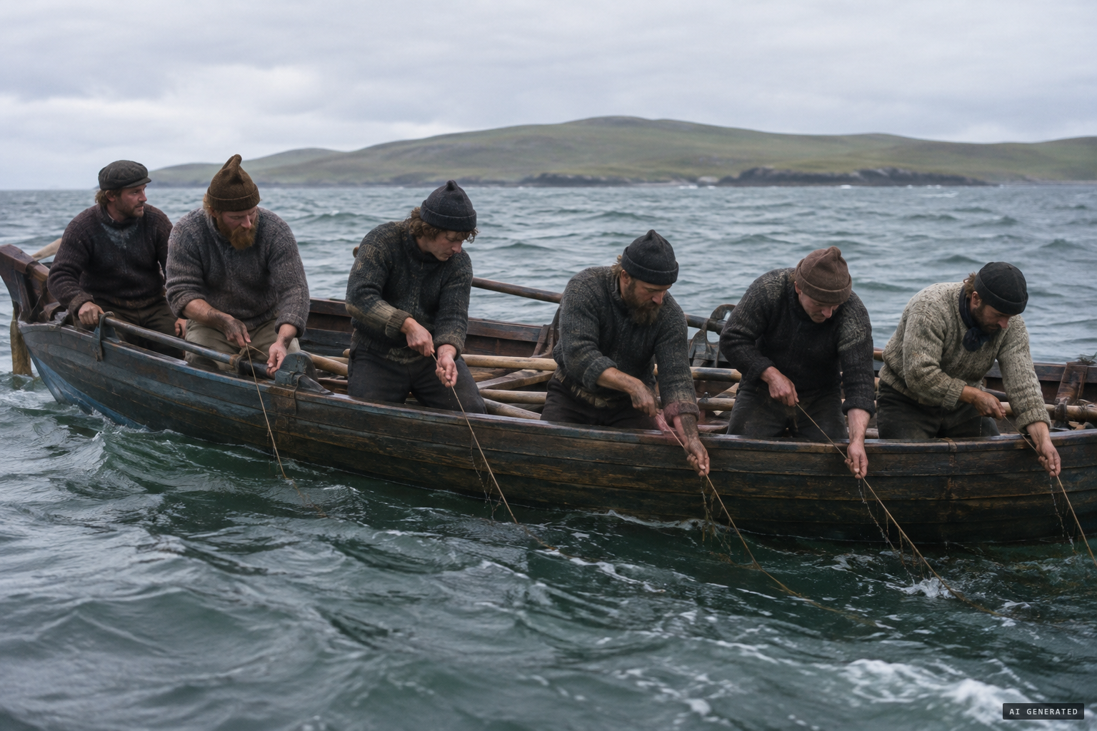 Six fishermen at sea off Yell, July 1833
