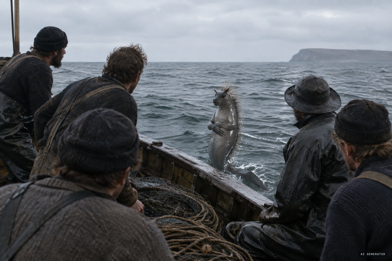 The creature: human-like above, fish below, smooth grey skin