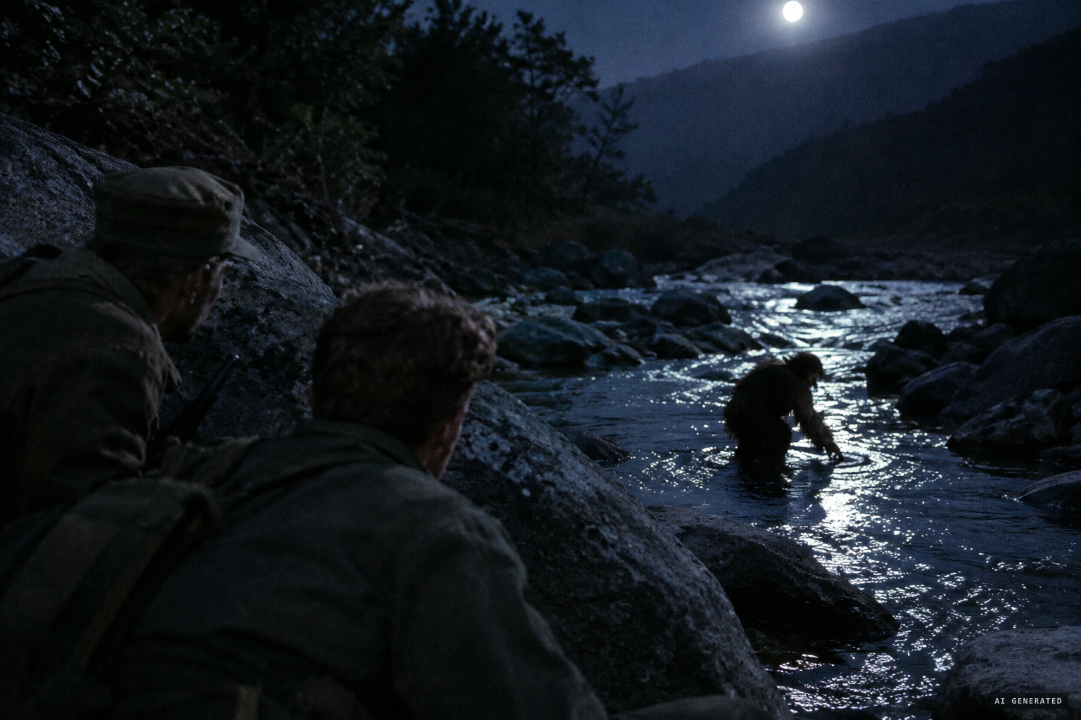 A small creature, possibly a young Yeti, catching frogs in a stream at night