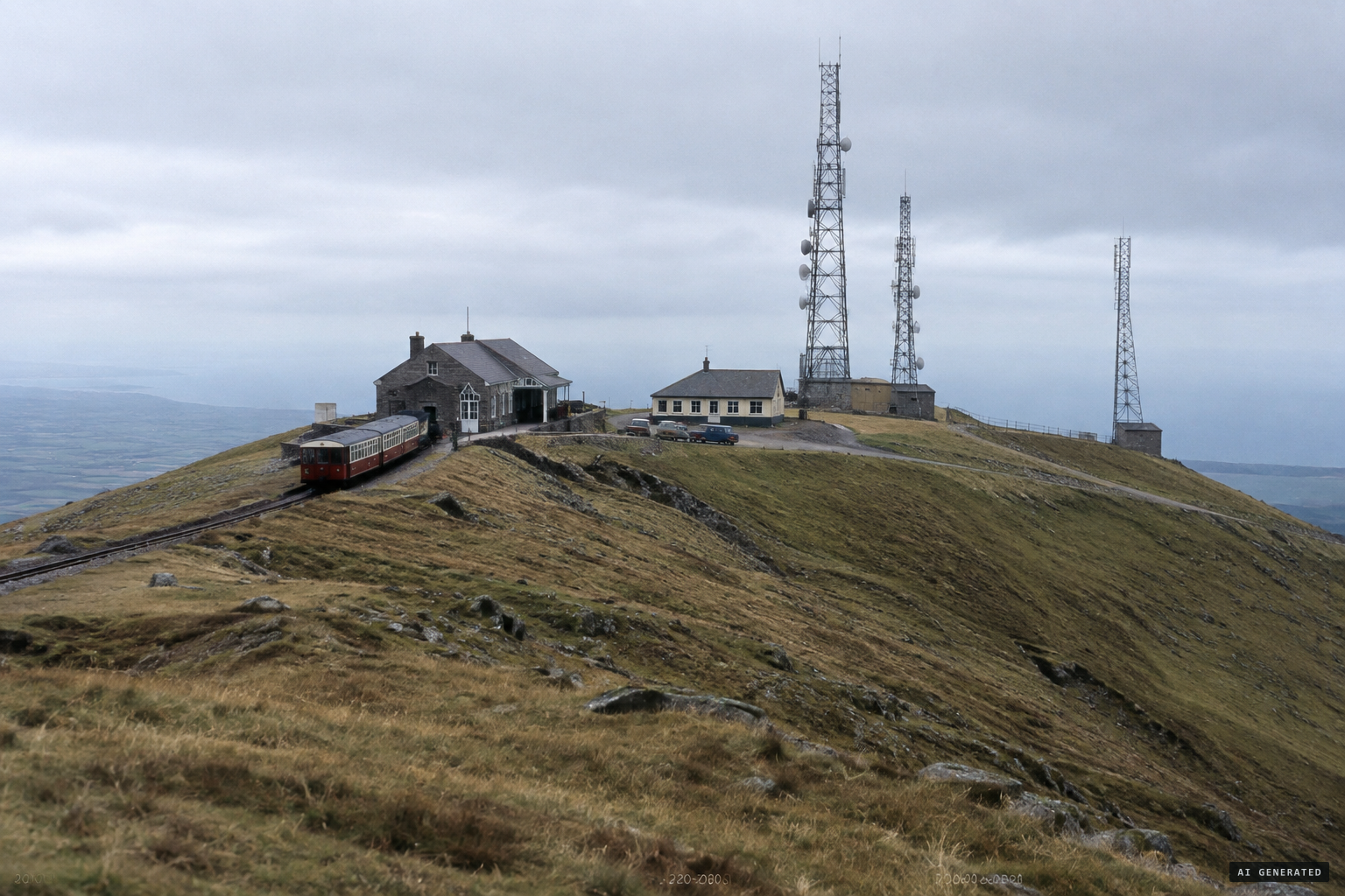 Snaefell, the island's highest point, with its station, café and masts