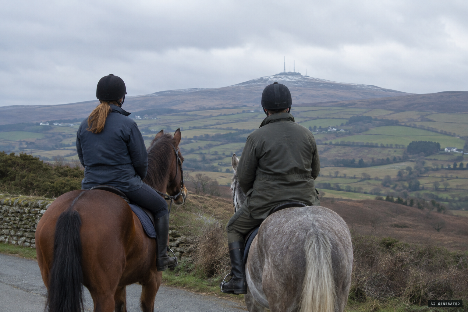 Two horse riders at Ballaragh look toward the Snaefell summit