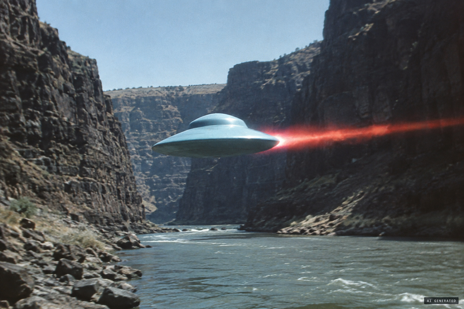The light-blue, domed, flat-bottomed object comes down the canyon with a red glow at its side