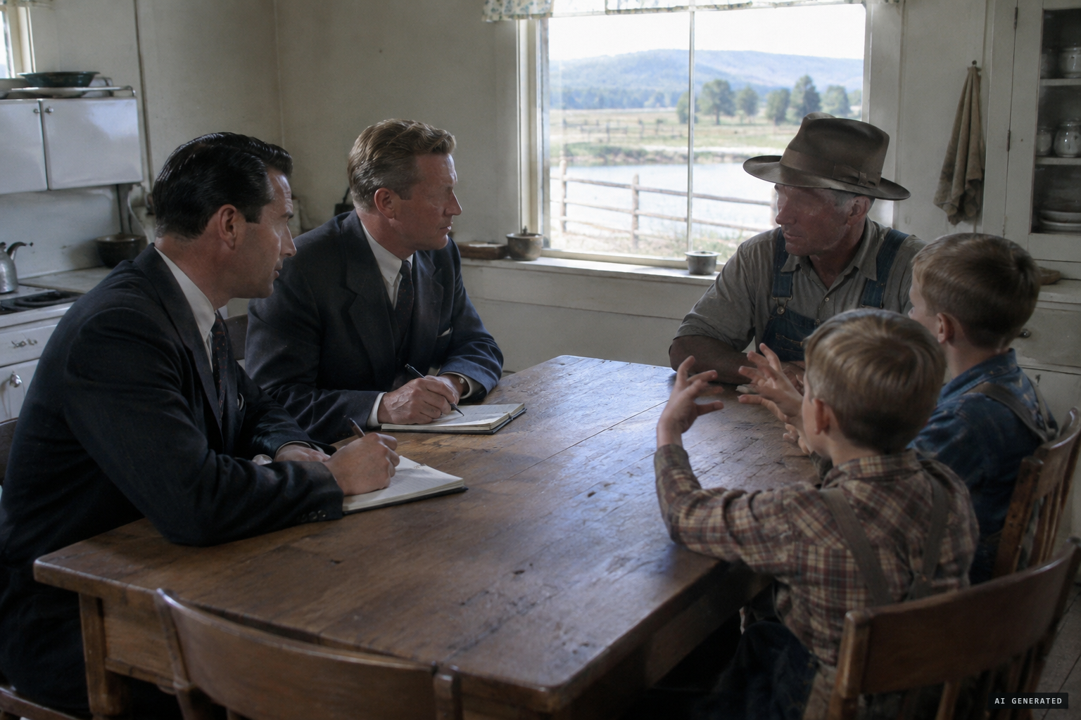 FBI agents interview the Urie family; the boys describe a knot on the side shooting flames