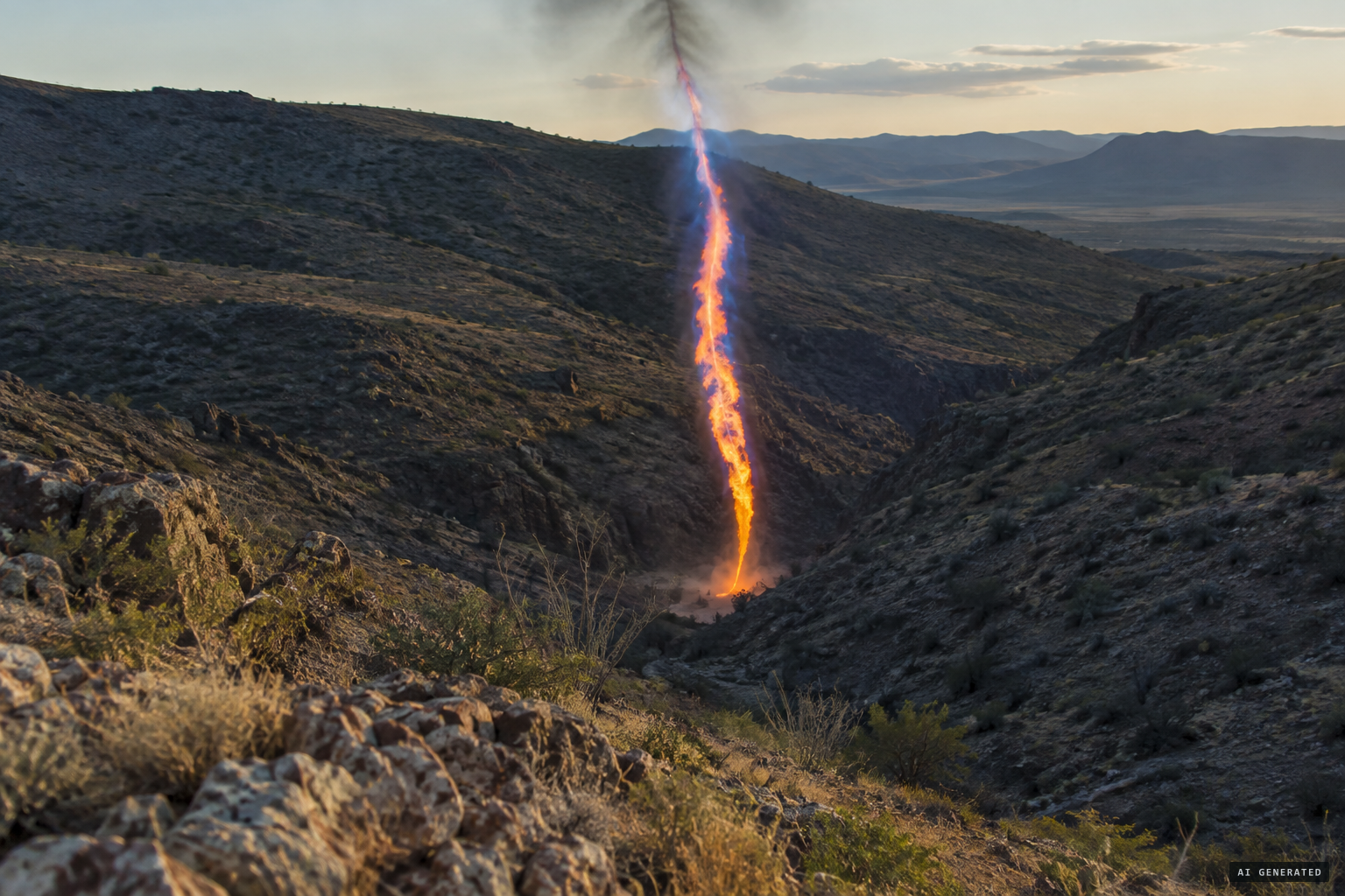 The bluish-orange funnel of flame slowly coming down