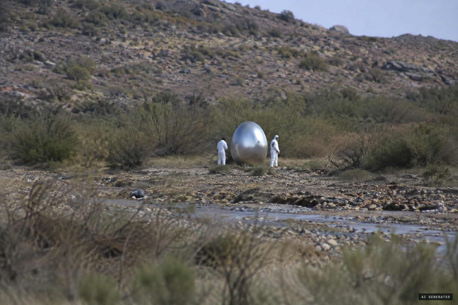 Two people in white coveralls beside the object, one looking toward Zamora's car