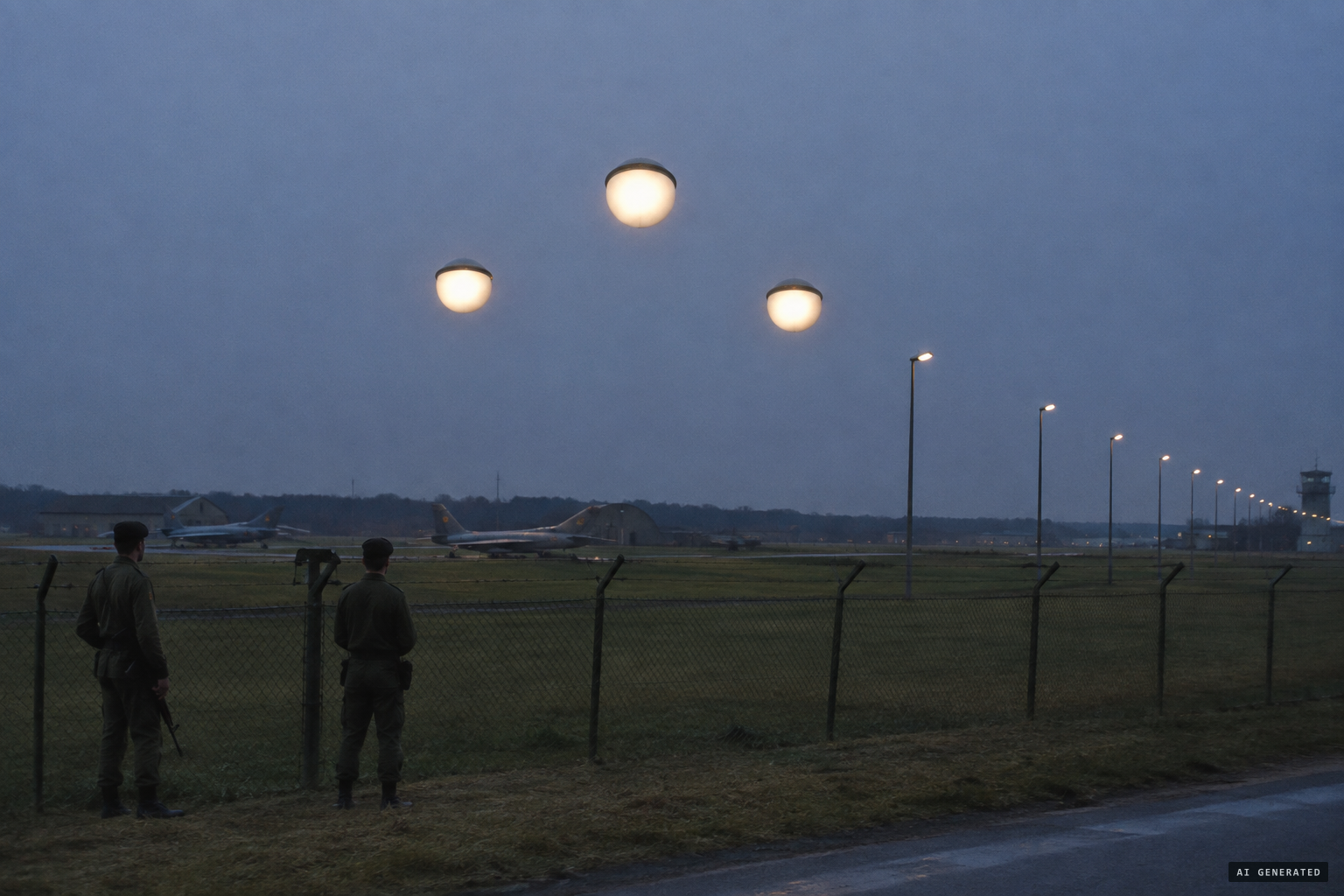 Post D sees three spheres with black rims, lower than the streetlamps
