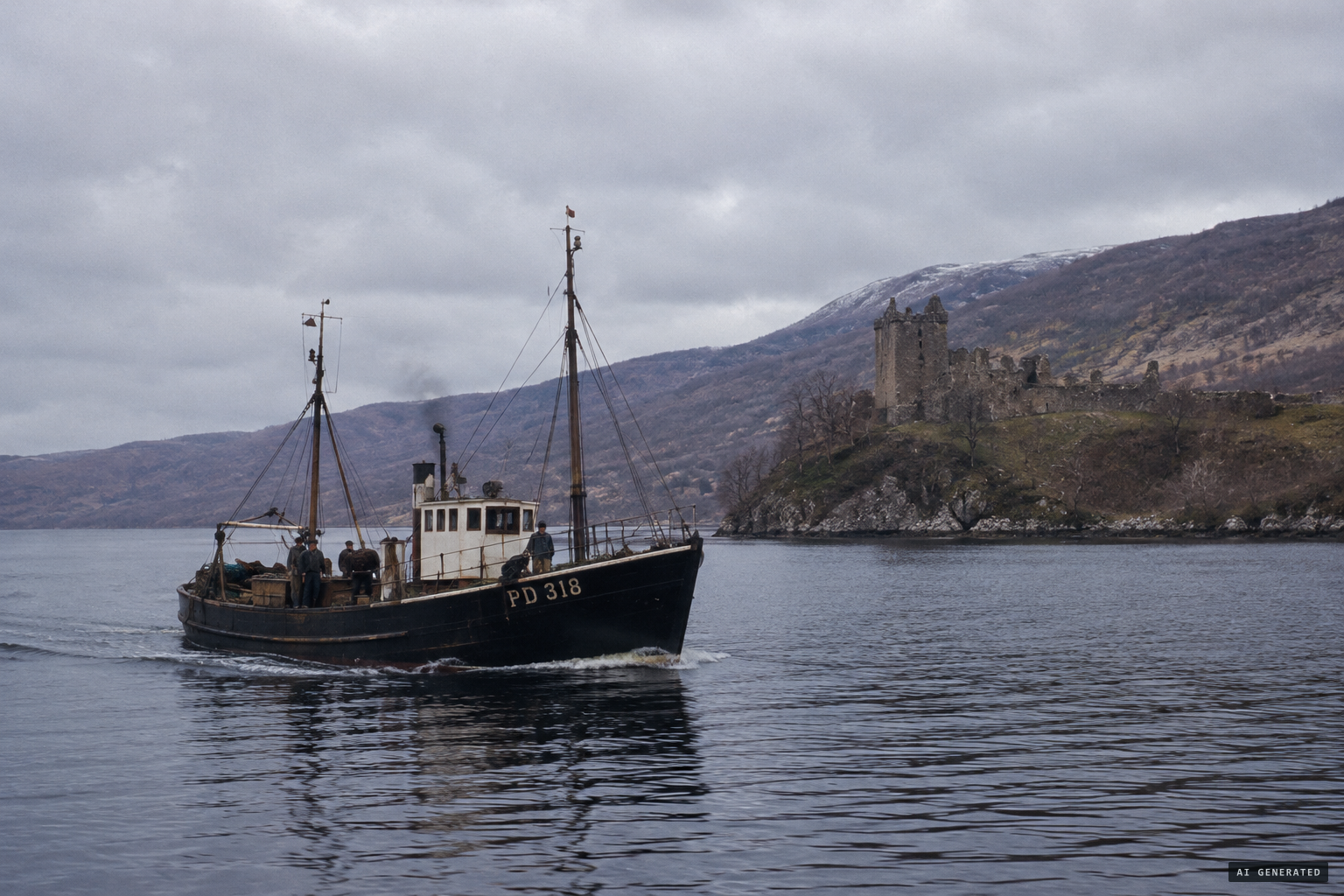 The herring drifter Rival III approaches Urquhart Castle, 11:30 a.m., 2 December 1954