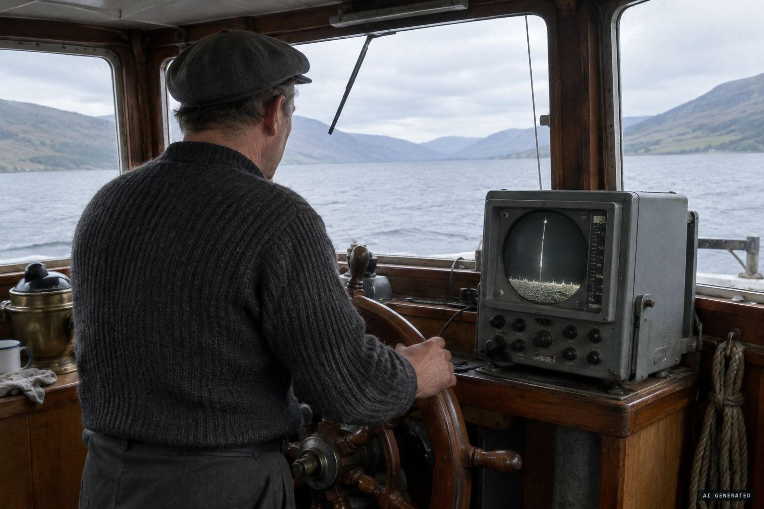Mate Peter Anderson alone in the wheelhouse beside the echo sounder