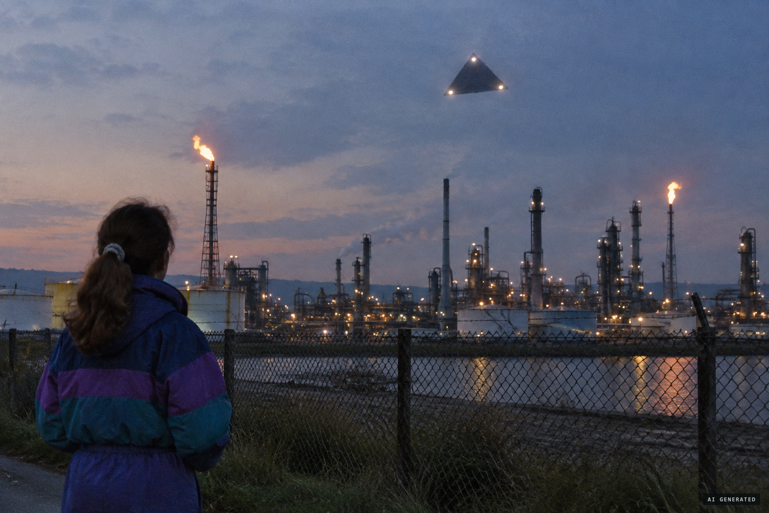 Leanne Gaskins watches a lit triangle hover near the BP refinery