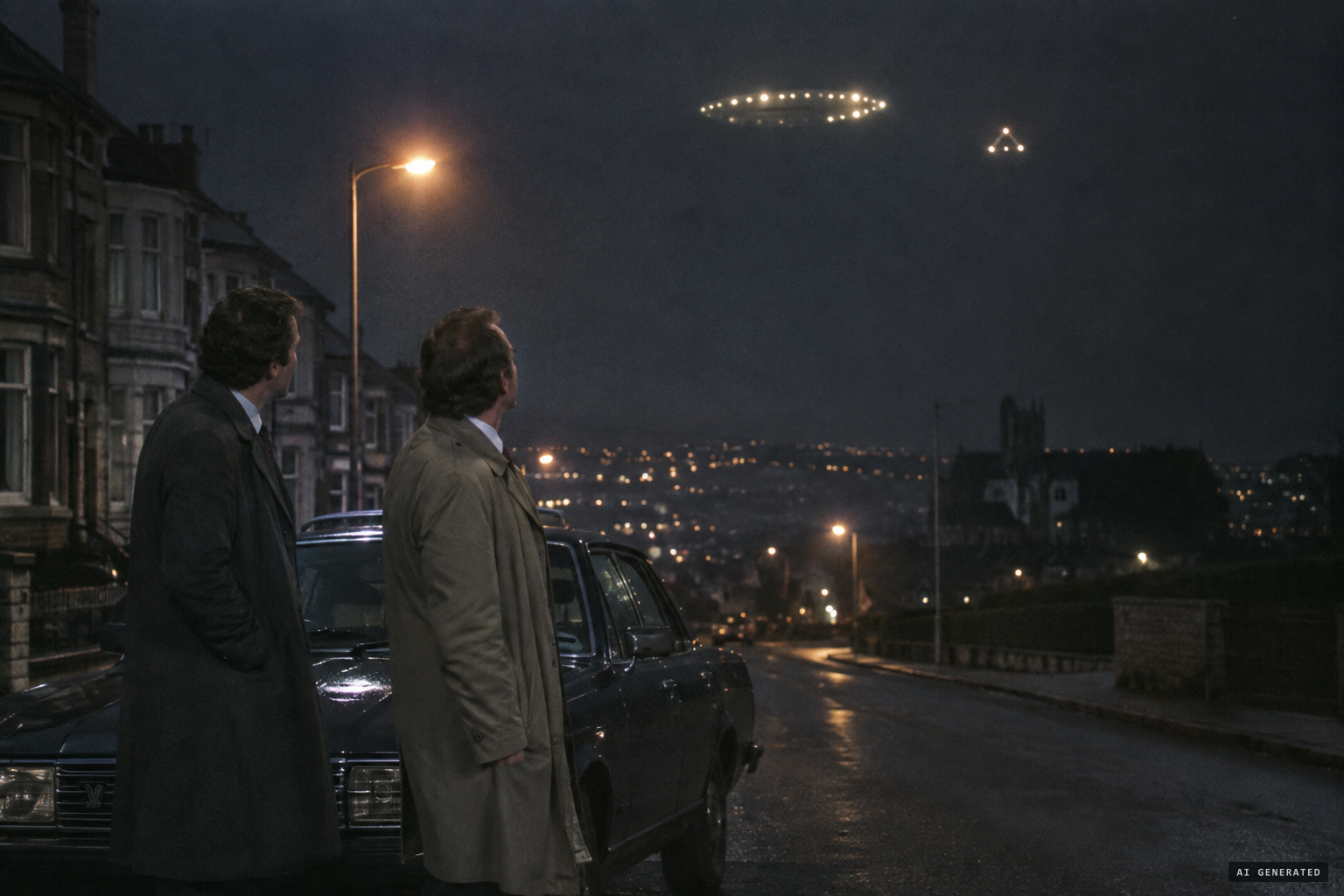 Two CID detectives watch a Zeppelin-like cluster followed by a triangle of lights