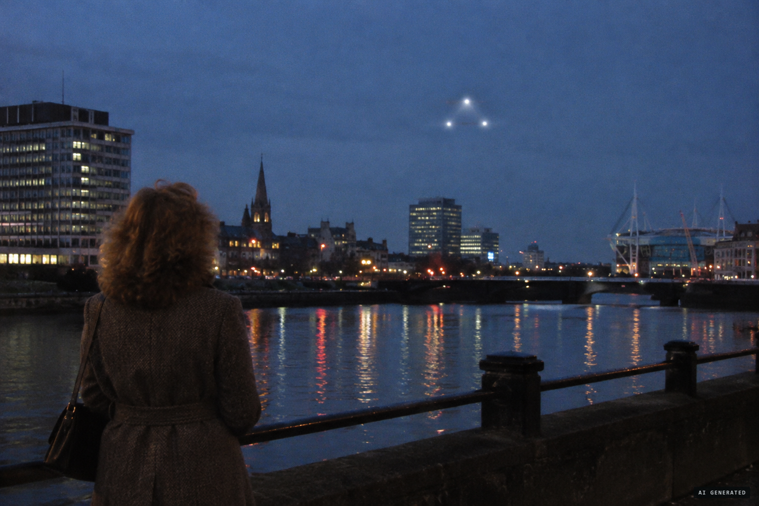 Beside the River Taff, a triangle of white lights hangs motionless
