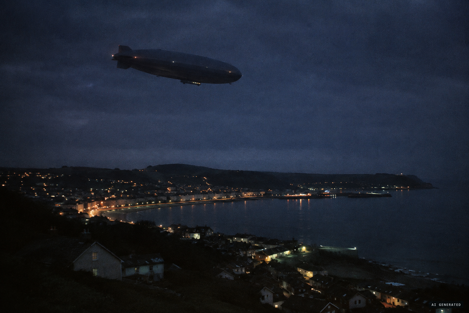 An airship fits the silence and slow pace, but blimps rarely fly at night