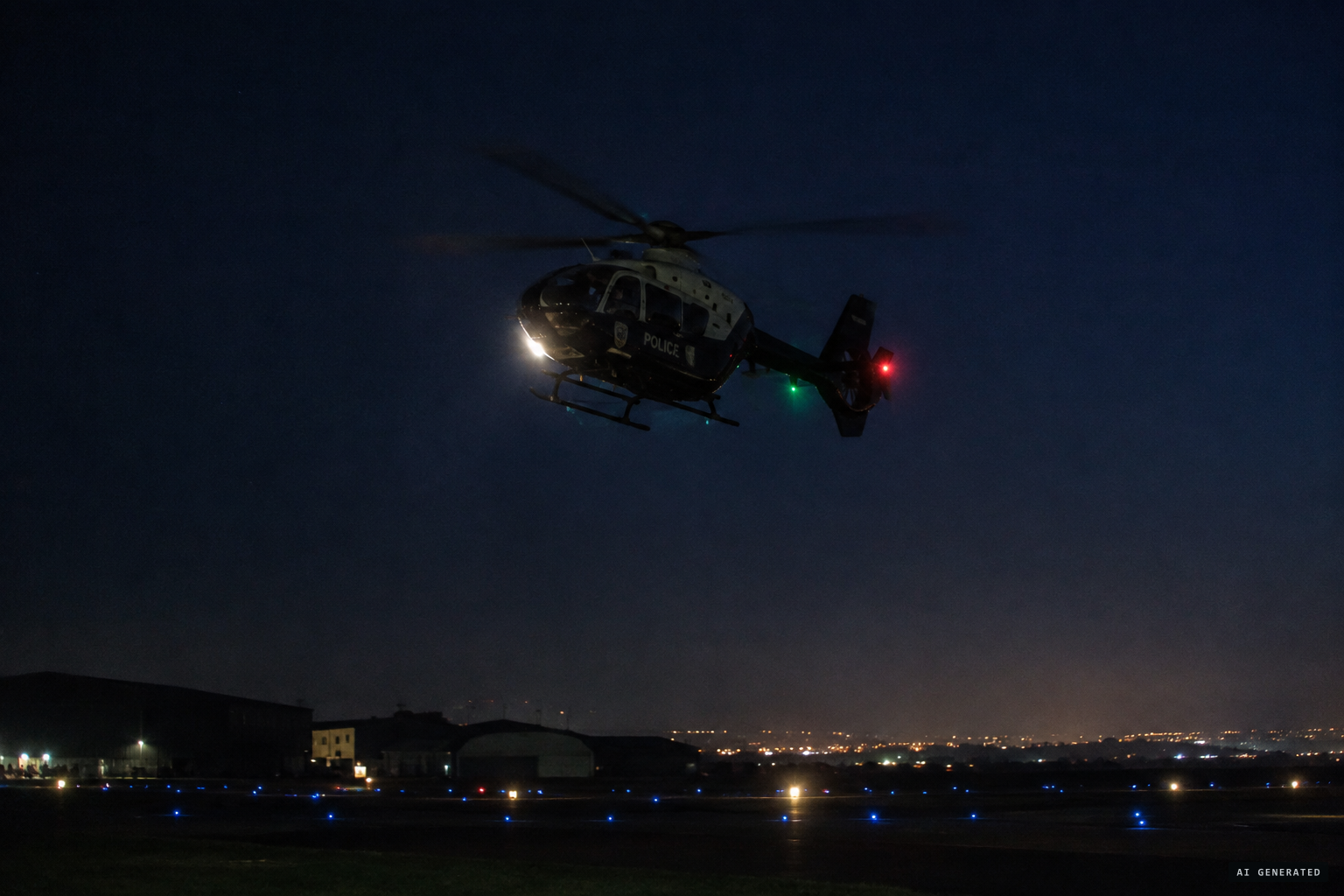 The South Wales Police helicopter waits over St Athan for clearance to land