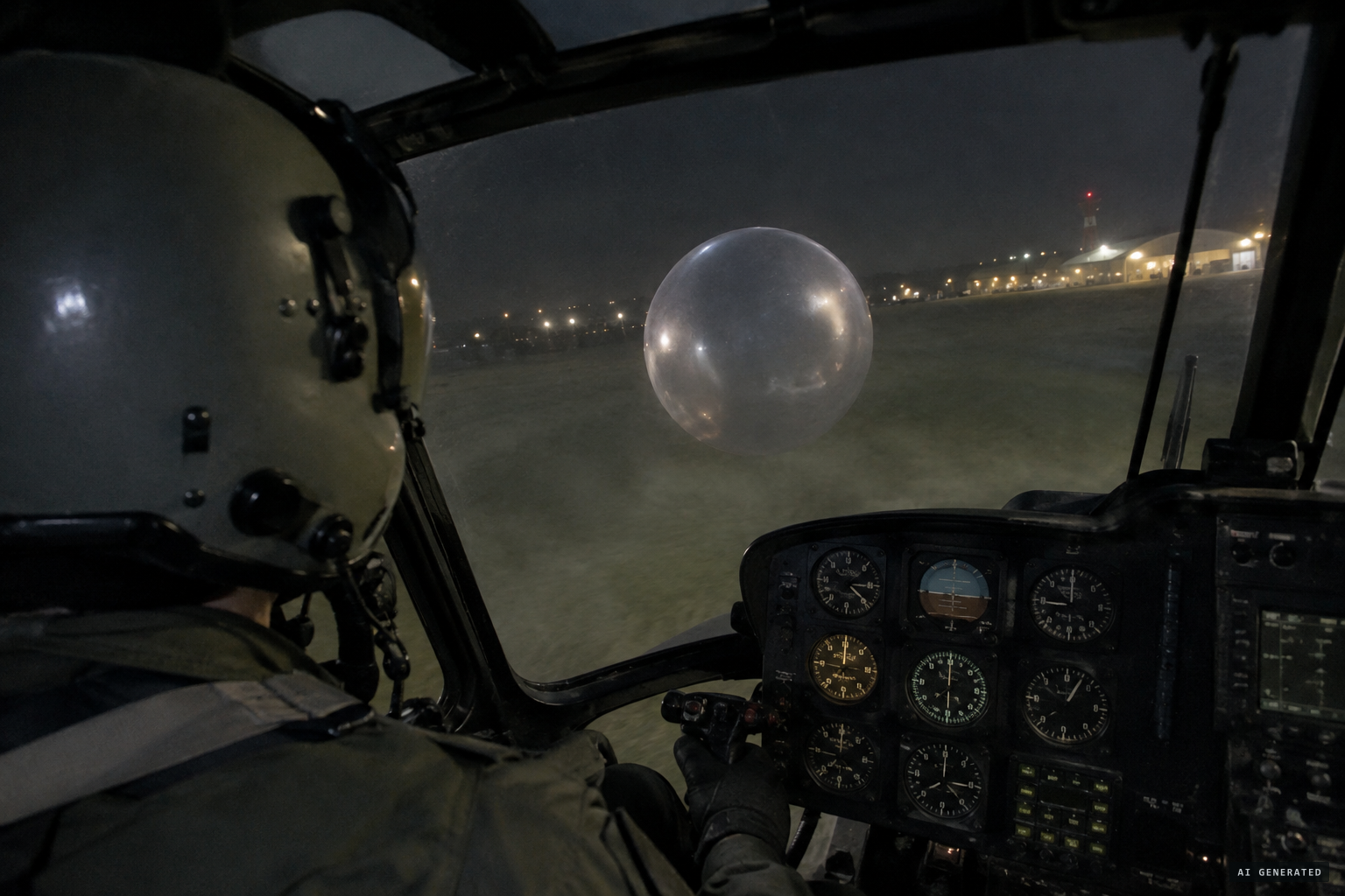 The sphere keeps pace three feet from the cockpit, unmoved by the rotor wash