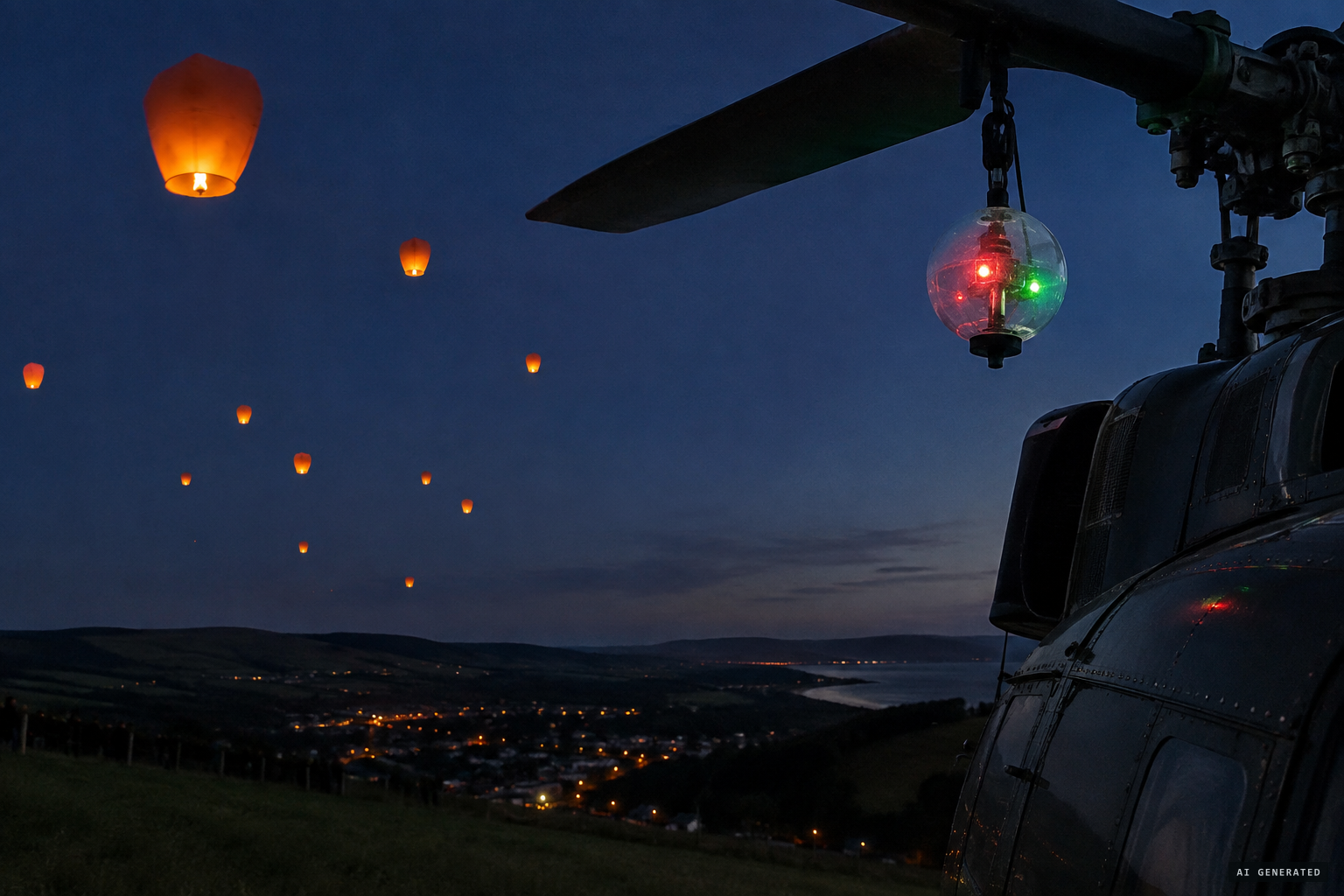 Drifting lanterns beside the pilot's motionless sphere: an uneasy fit