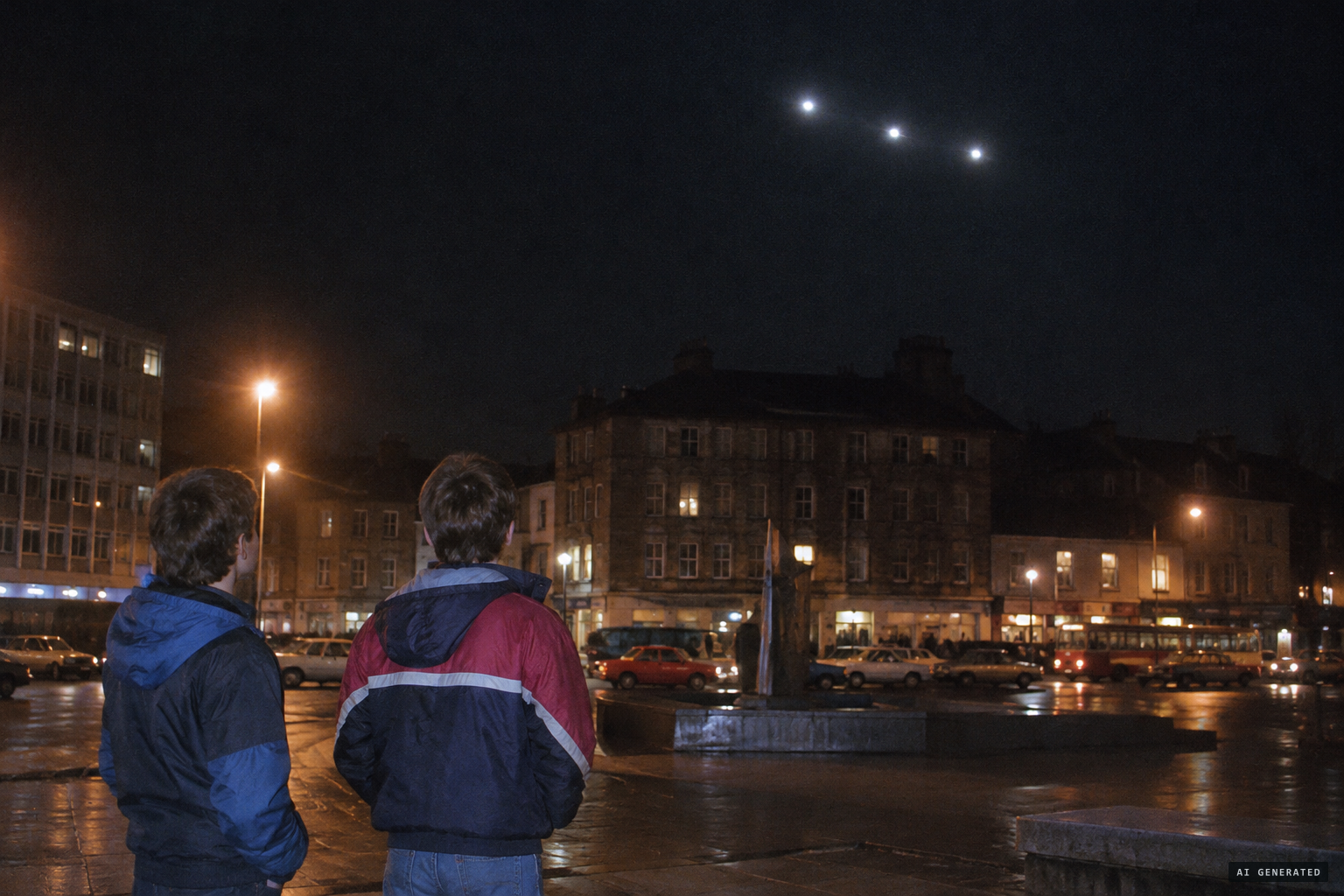 Mark and Ian watch three white lights moving slowly, very low over Brynhyfryd.