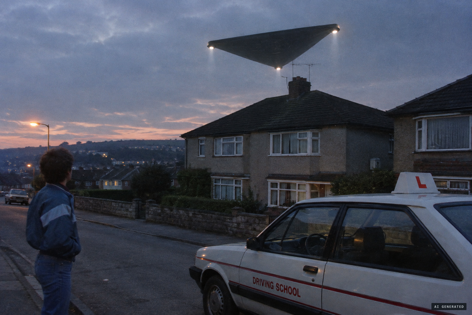 Orllwyn Jones sees a car-sized dark triangle just above a neighbour's roof.