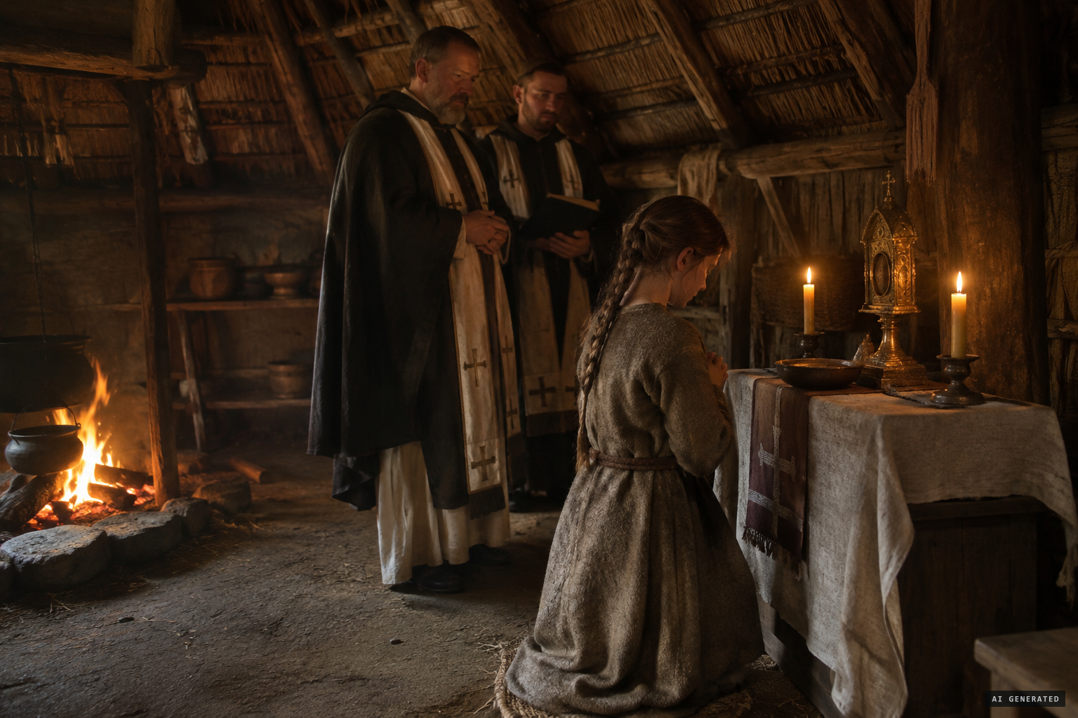 The herdsman's daughter prays before the canons' altar and her foot is healed