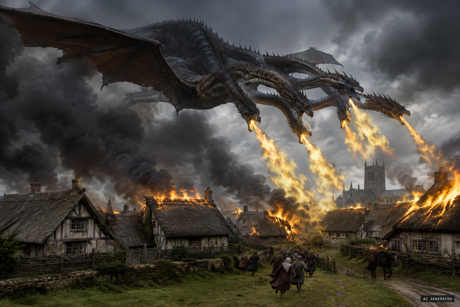 The five-headed dragon breathes sulphurous flames over the town