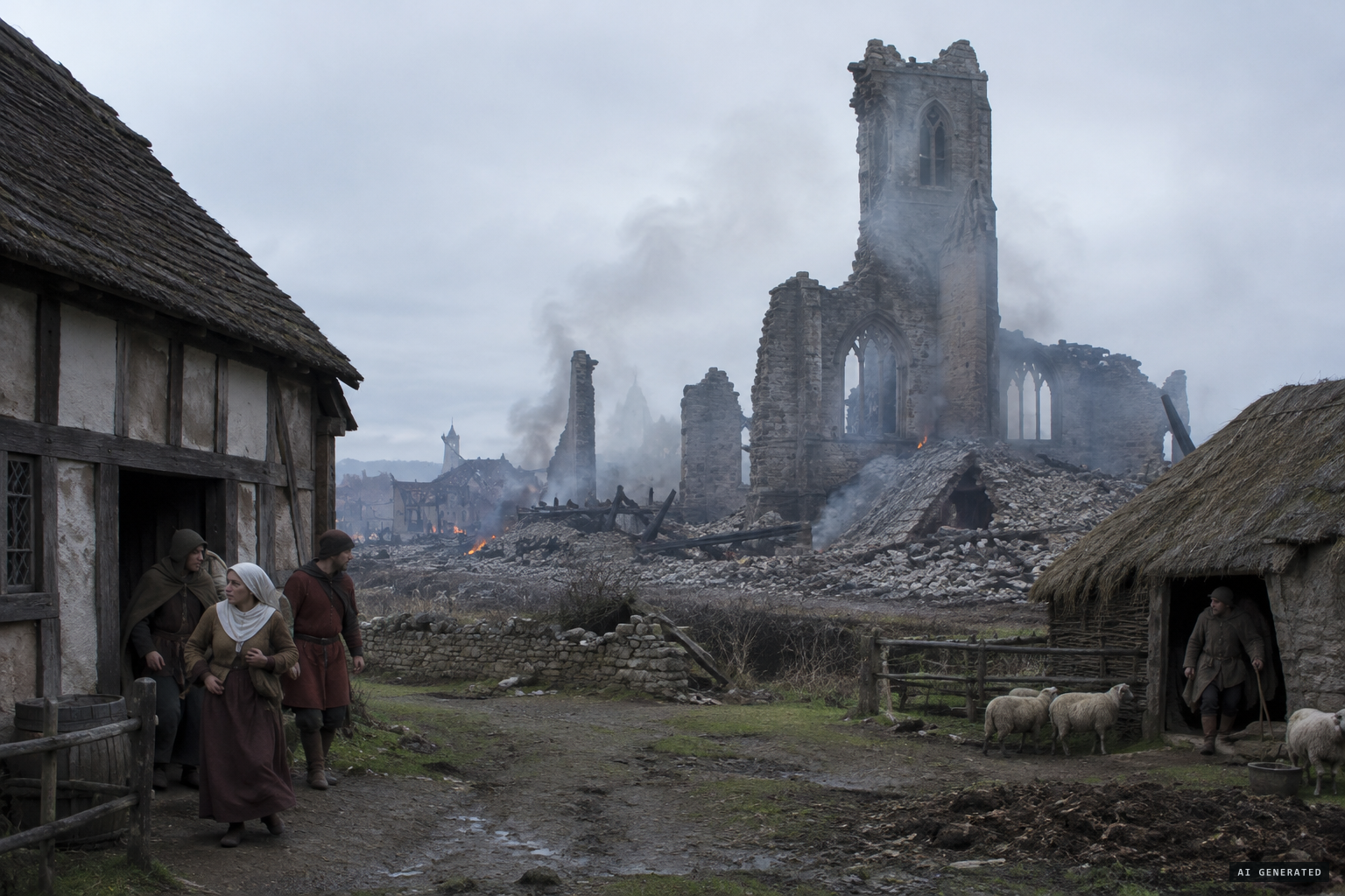 The church lies destroyed while the lodging house and herdsman's shelter survive