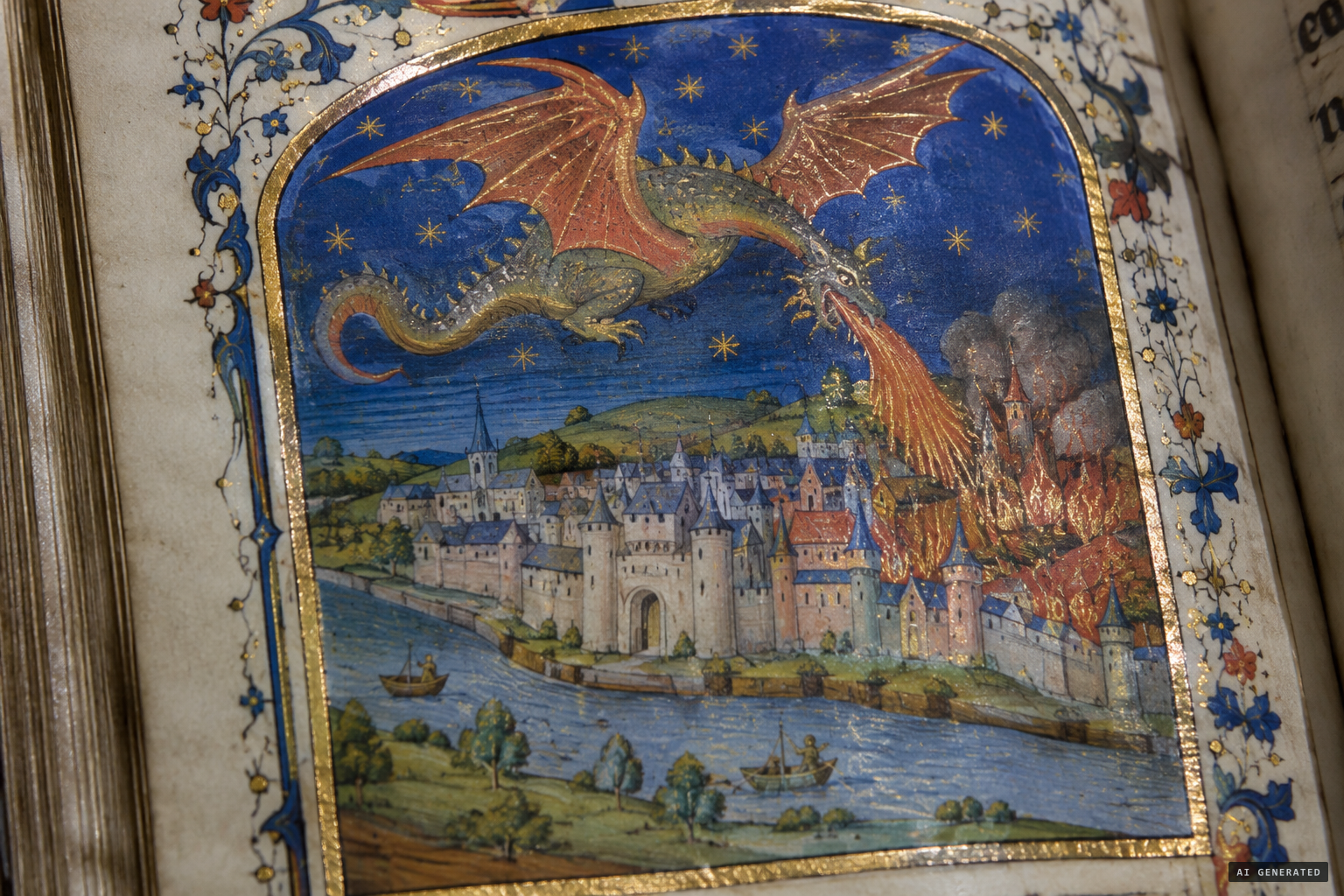 A manuscript miniature shows the dragon over the town and river