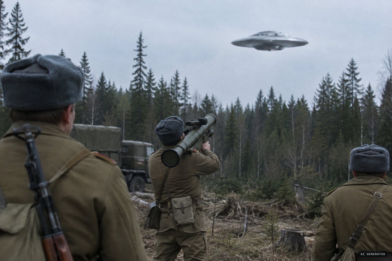 A low-flying saucer appears above the soldiers and one of them fires a missile