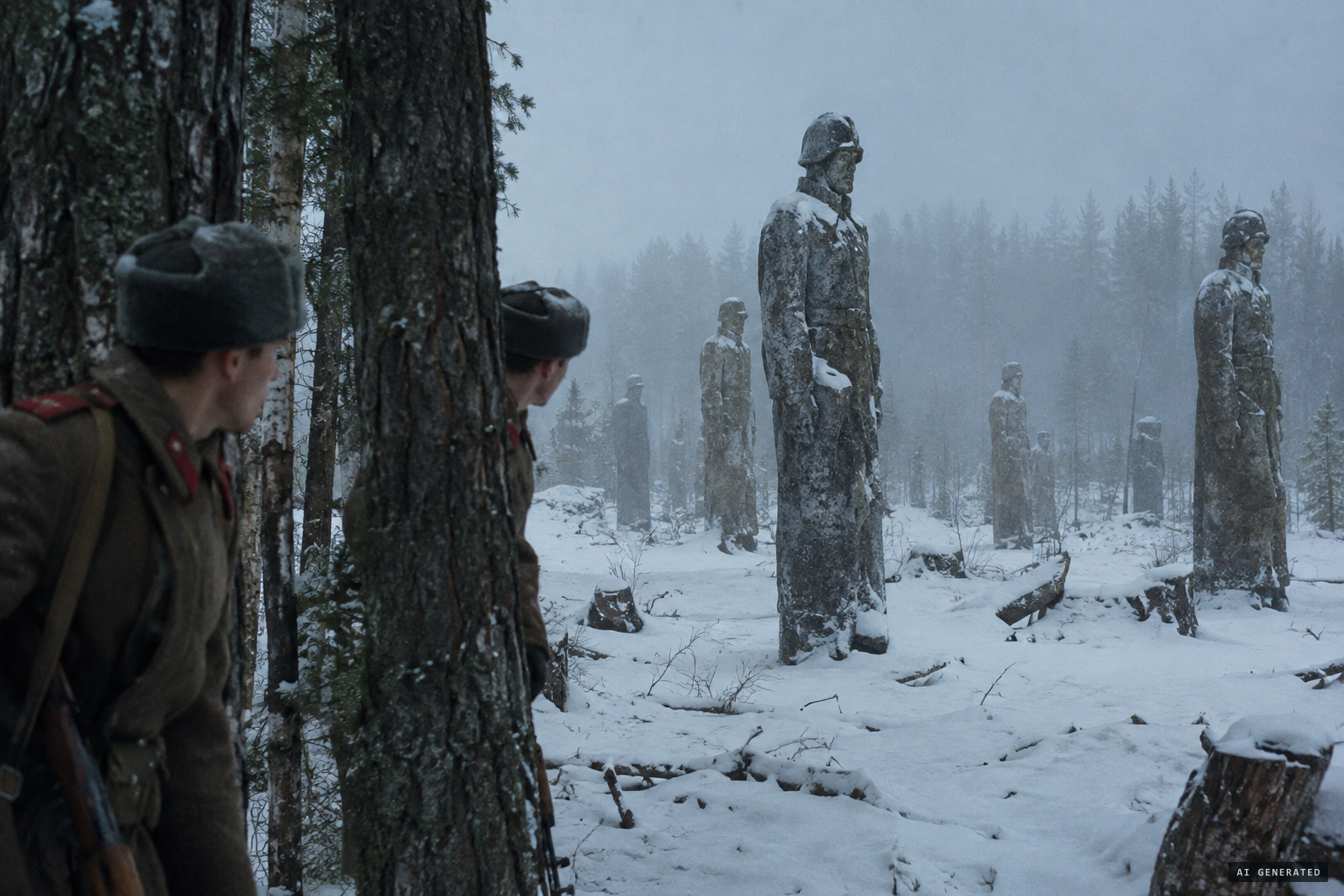 Twenty-three soldiers turned to stone, and two survivors behind the trees