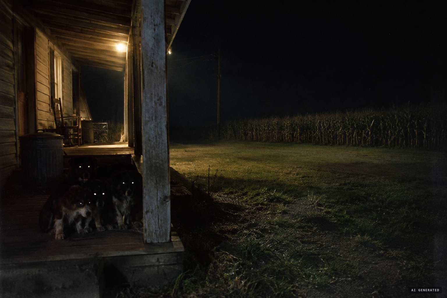 The terrified dogs hide under the porch as strange noises come at night