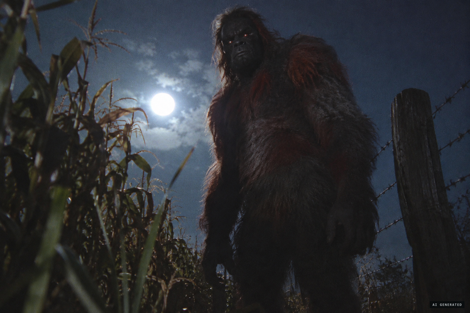 The darker account: a hairy shadow over eight feet tall with red, burning eyes