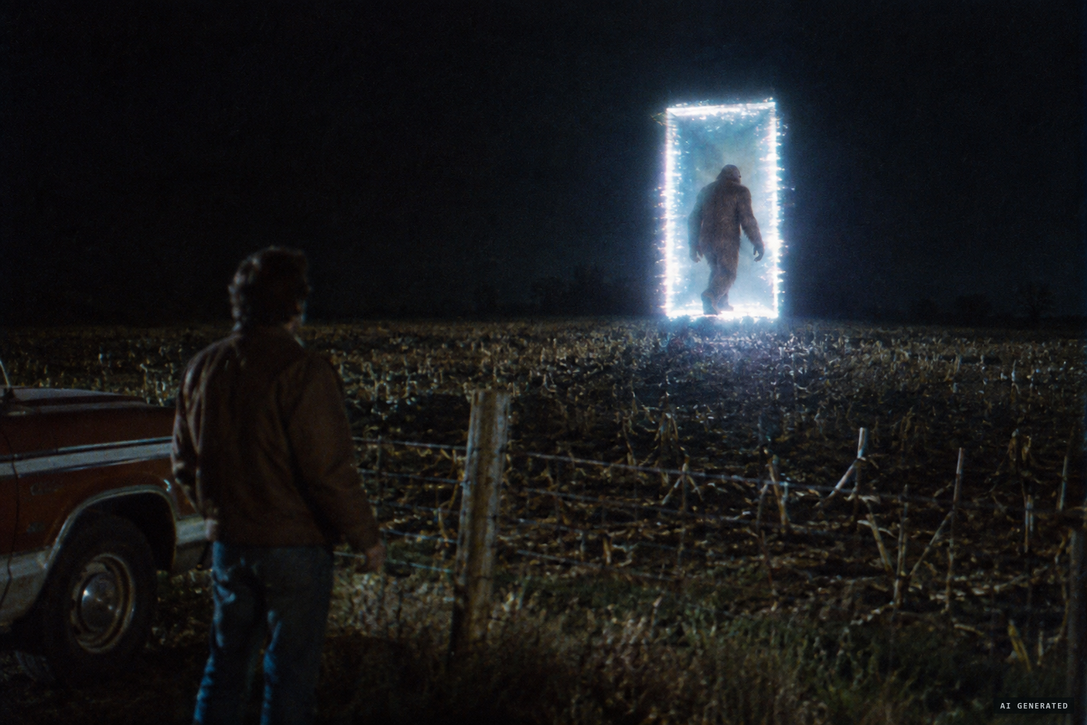 The creature steps back into a strange-looking 'doorway' and disappears
