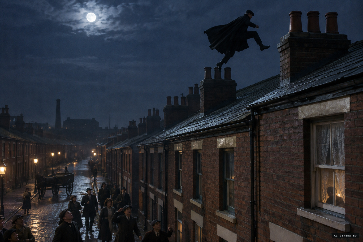 Later retellings: a cloaked man bounding onto house roofs