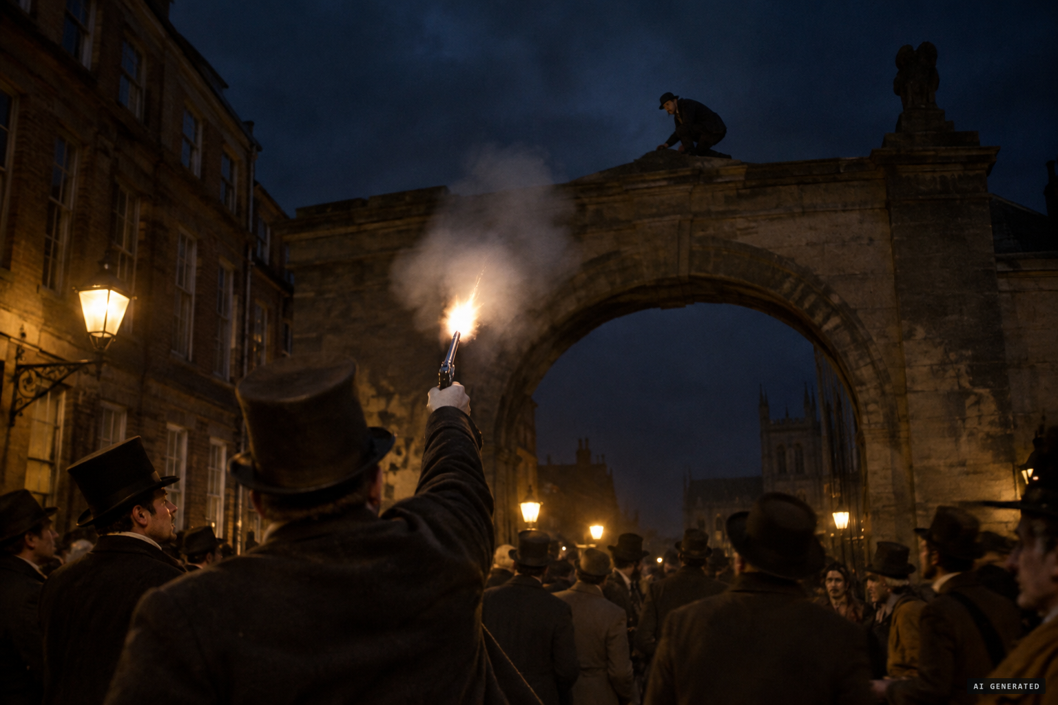 One of his pursuers fires; the bullet has no effect