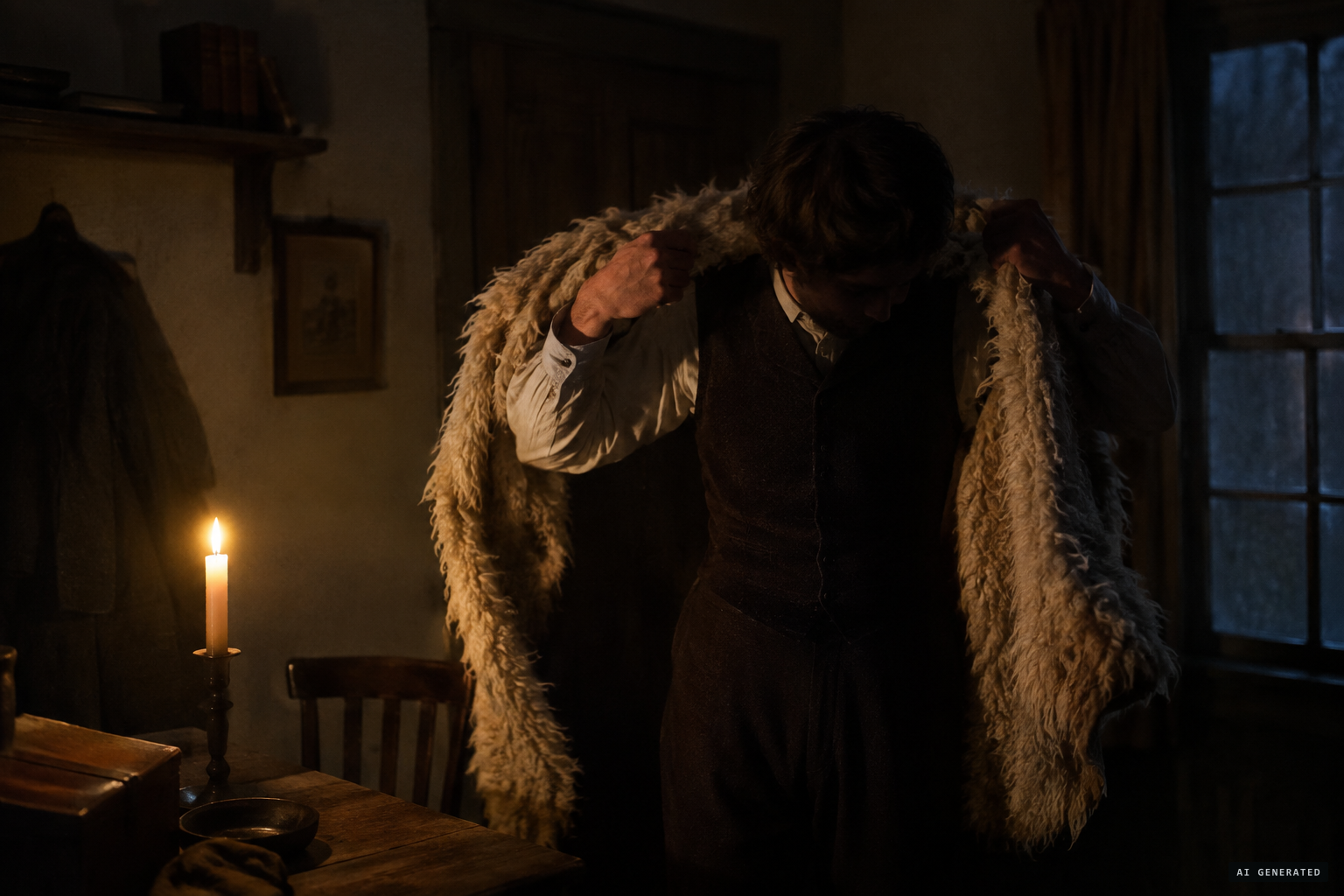 The sheepskin points to a man in costume