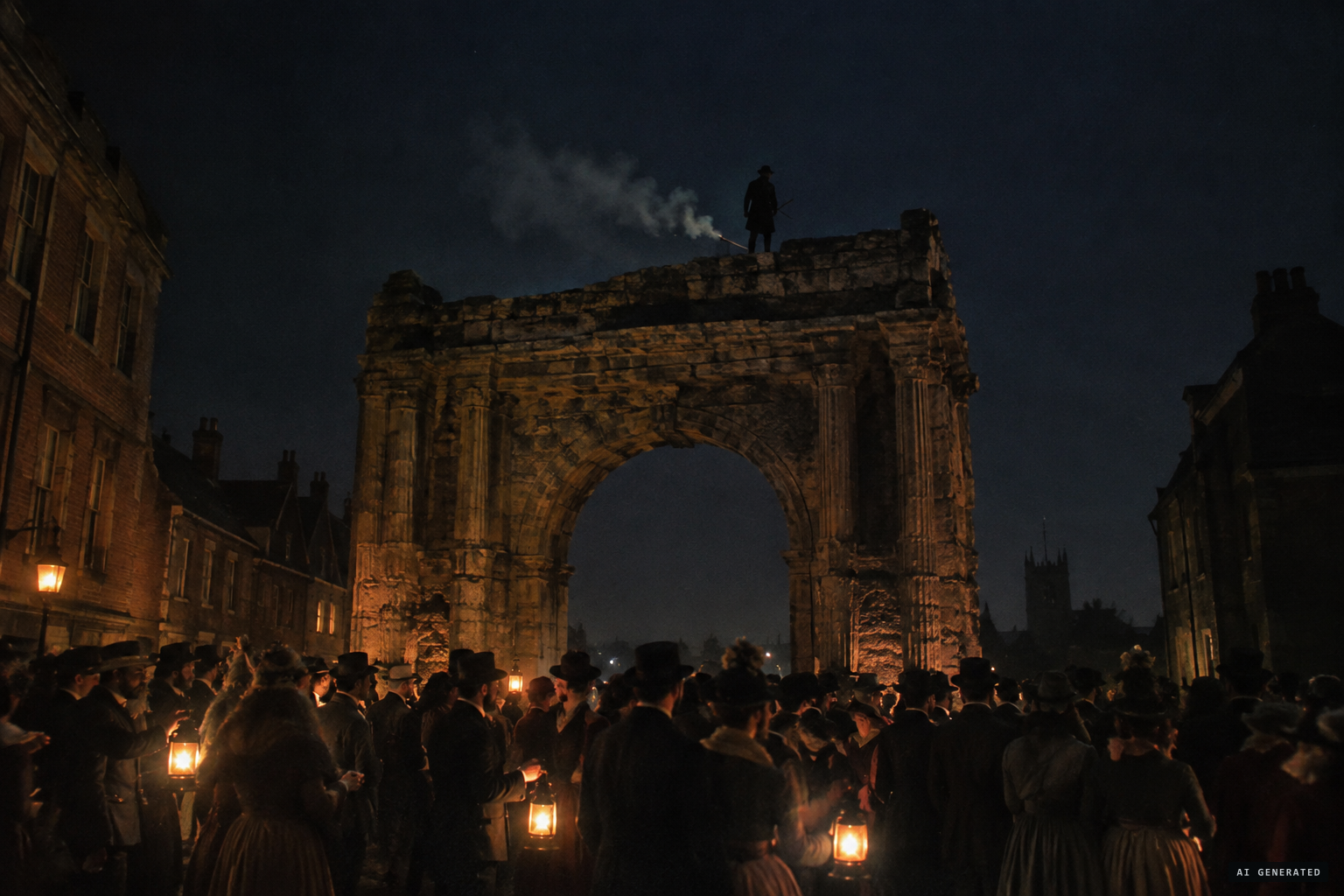 A crowd, a shot in the dark, a figure on a Roman gate