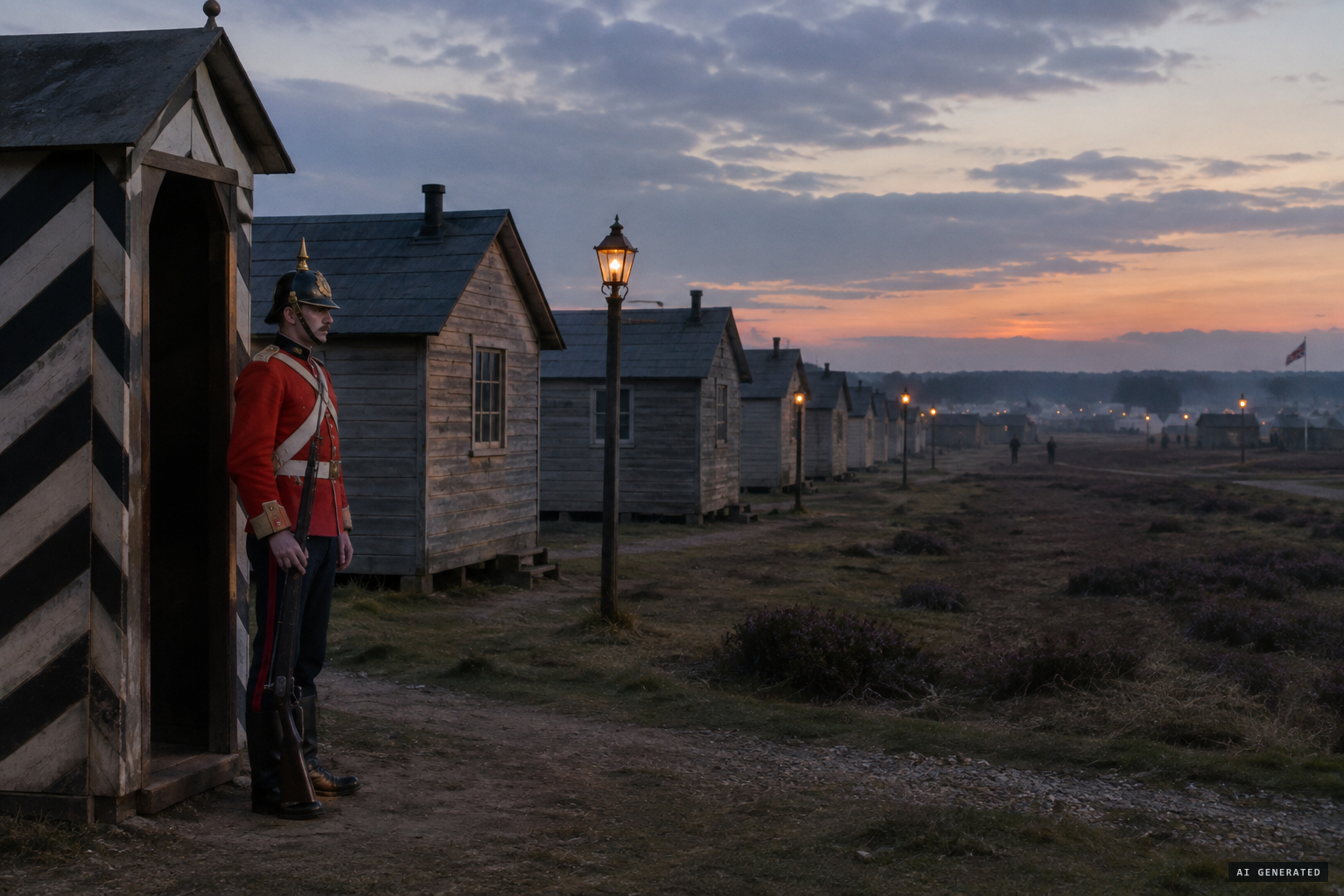 Aldershot Camp, the British Army's home garrison, where sentries stood guard every night.