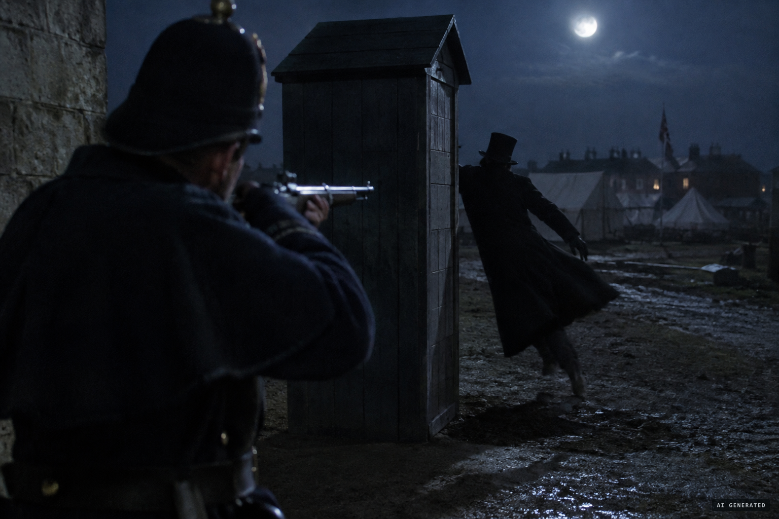 A figure dodges about the sentry box, refusing to answer the challenge.