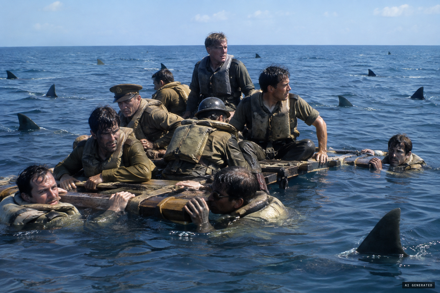 Twelve men on a raft no larger than a hearthrug, surrounded by sharks