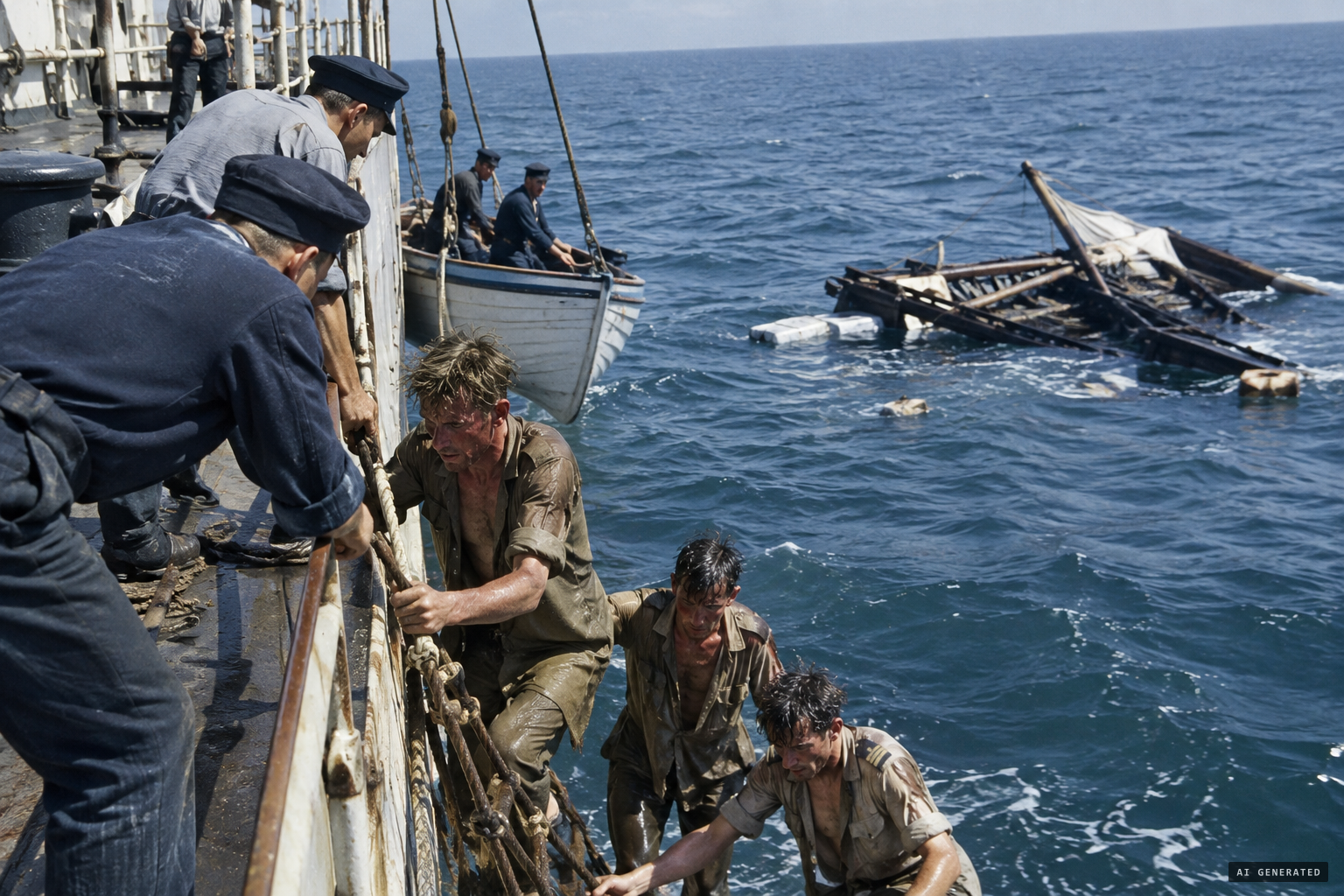 The Spanish ship Cabo de Hornos rescues the three survivors after five days adrift